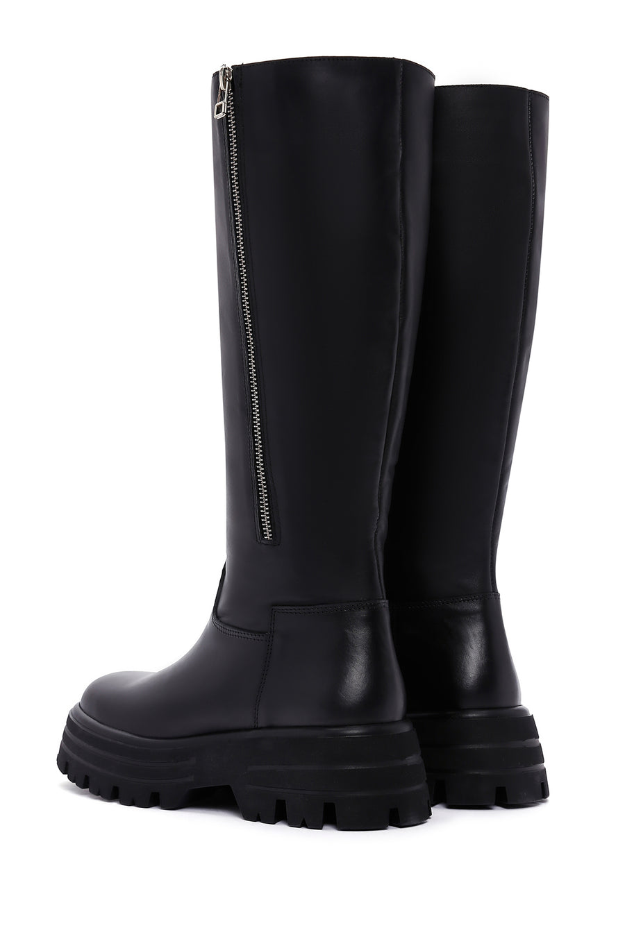 Women's Black Thick Soled Zippered Leather Boots
