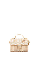 Woman Beige Long-Strap Stone-Embellished Woven Mini Crossbody Bag | Derimod
