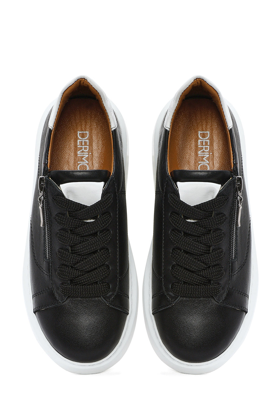 Women's Black Zippered Lace-Up Thick-Sole Leather Sneakers