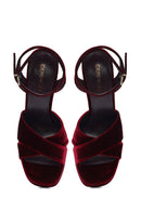 Women's Burgundy Ankle Buckle Platform High Thick Heel Velvet Sandals | Derimod