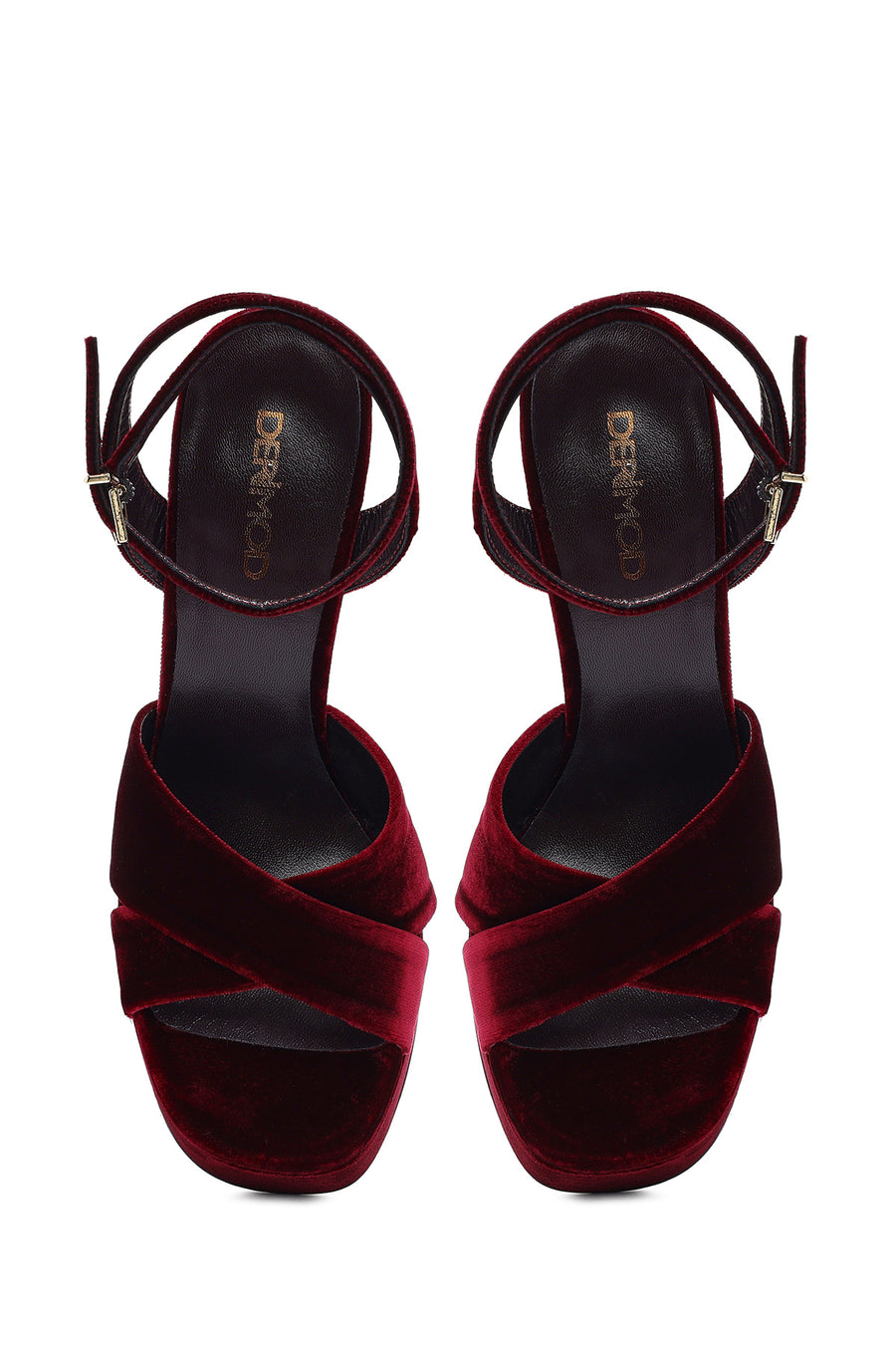 Women's Burgundy Ankle Buckle Platform High Thick Heel Velvet Sandals