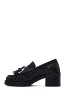 Woman Black Tassel Chunky Heeled Leather Loafer | Derimod