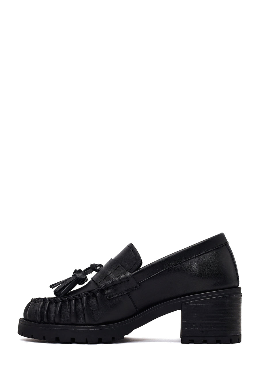 Woman Black Tassel Chunky Heeled Leather Loafer