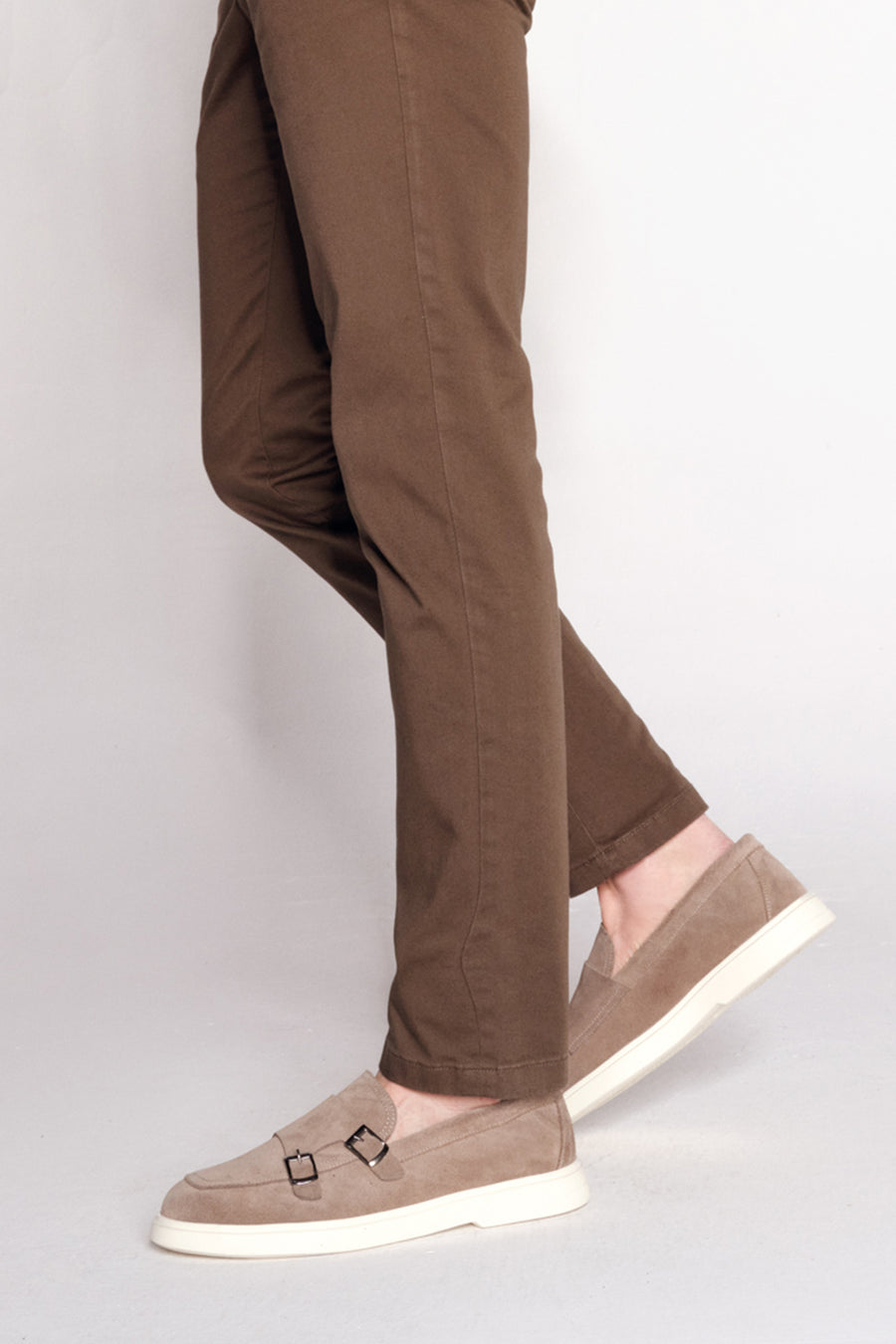 Men's Beige Double Buckle Suede Leather Loafer
