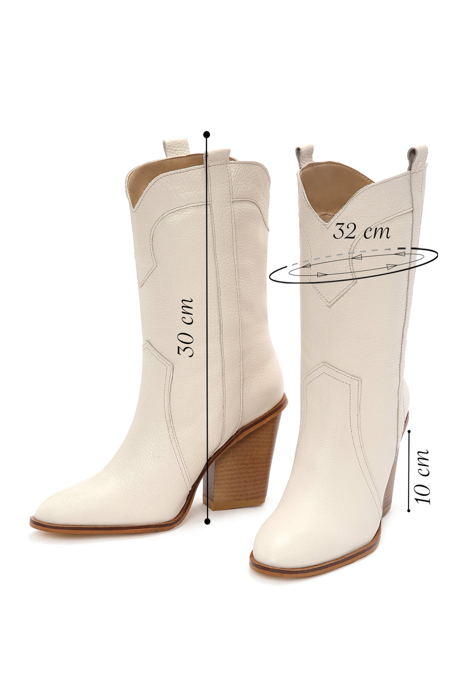 Women's Beige Thick Heeled Leather Cowboy Boots
