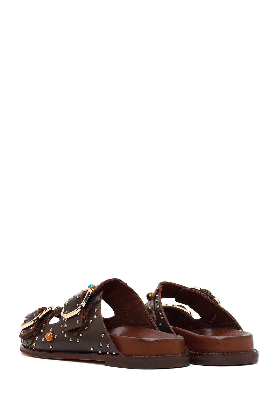 Kadın Kahverengi Zımbalı Deri Terlik
