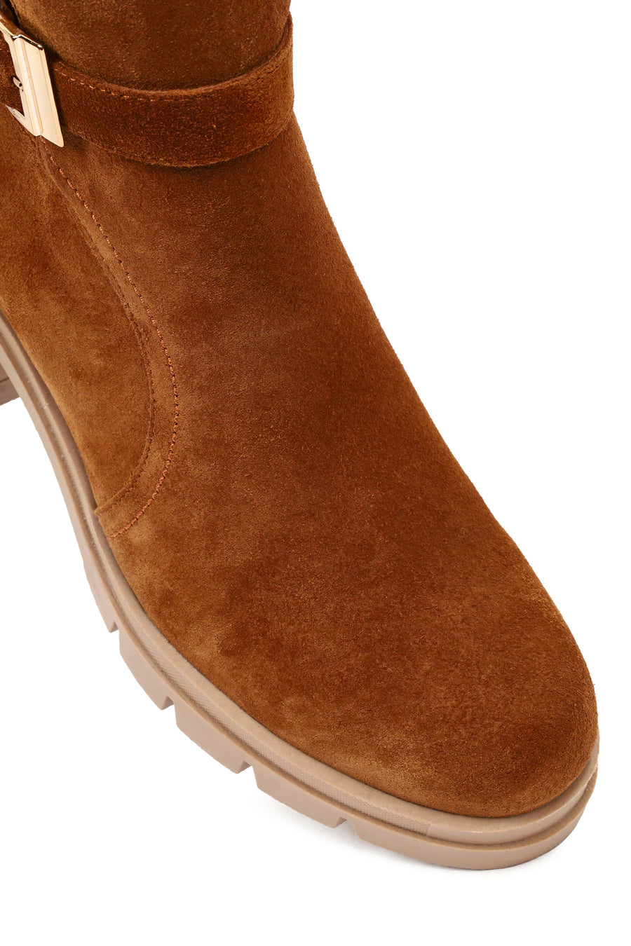 Women's Tan Thick Heeled Zippered Suede Leather Boot