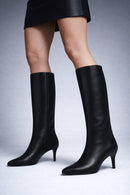Woman Black Thin High-Heeled Leather Boots | Derimod