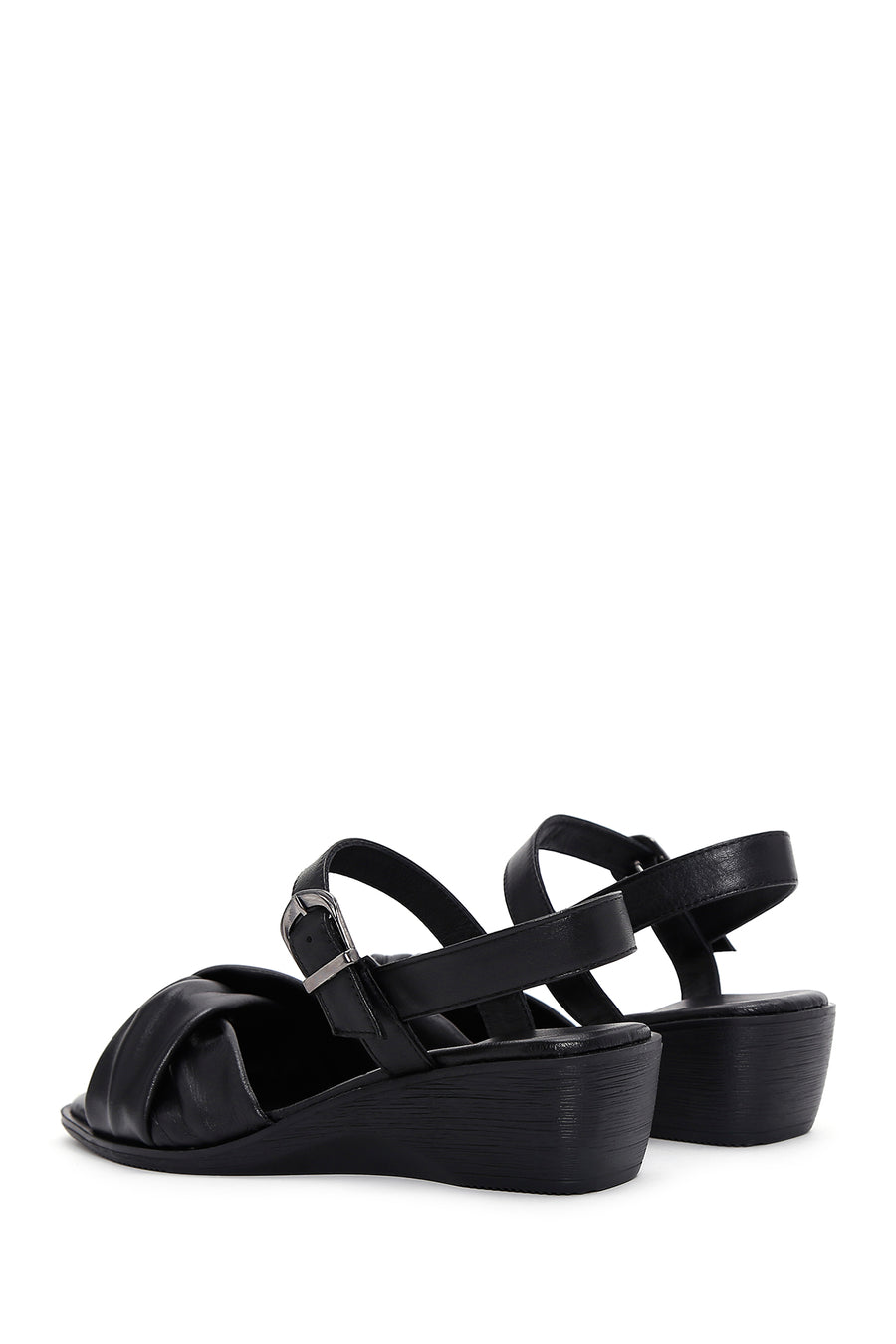 Women's Black Leather Wedge Heel Comfort Sandals