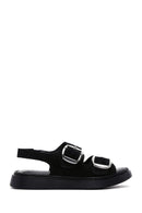 Women's Black Suede Leather Double Buckle Flat Sandals | Derimod