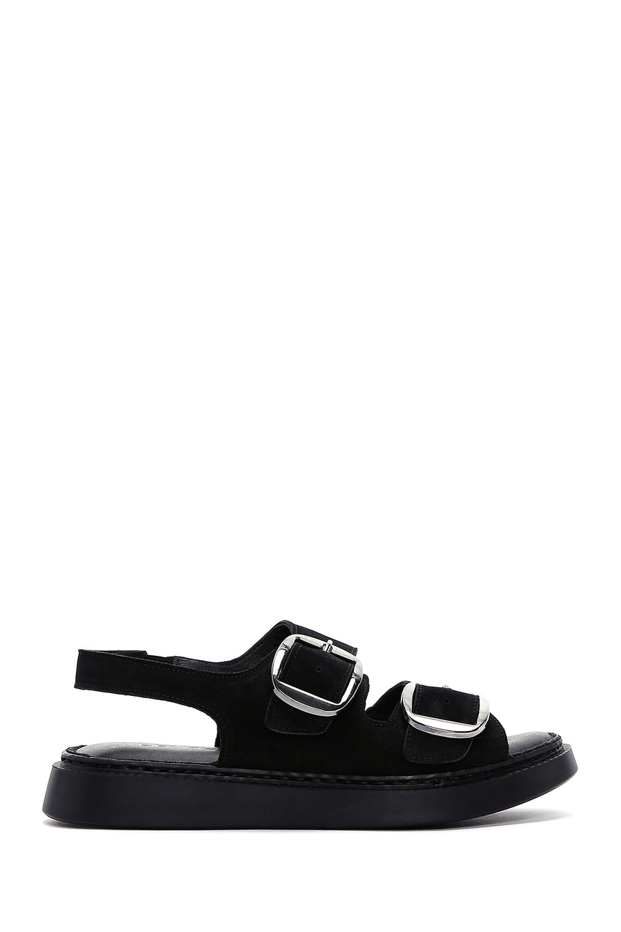 Women's Black Suede Leather Double Buckle Flat Sandals 23SFD342110 | Derimod