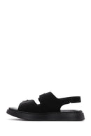 Women's Black Suede Leather Double Buckle Flat Sandals | Derimod