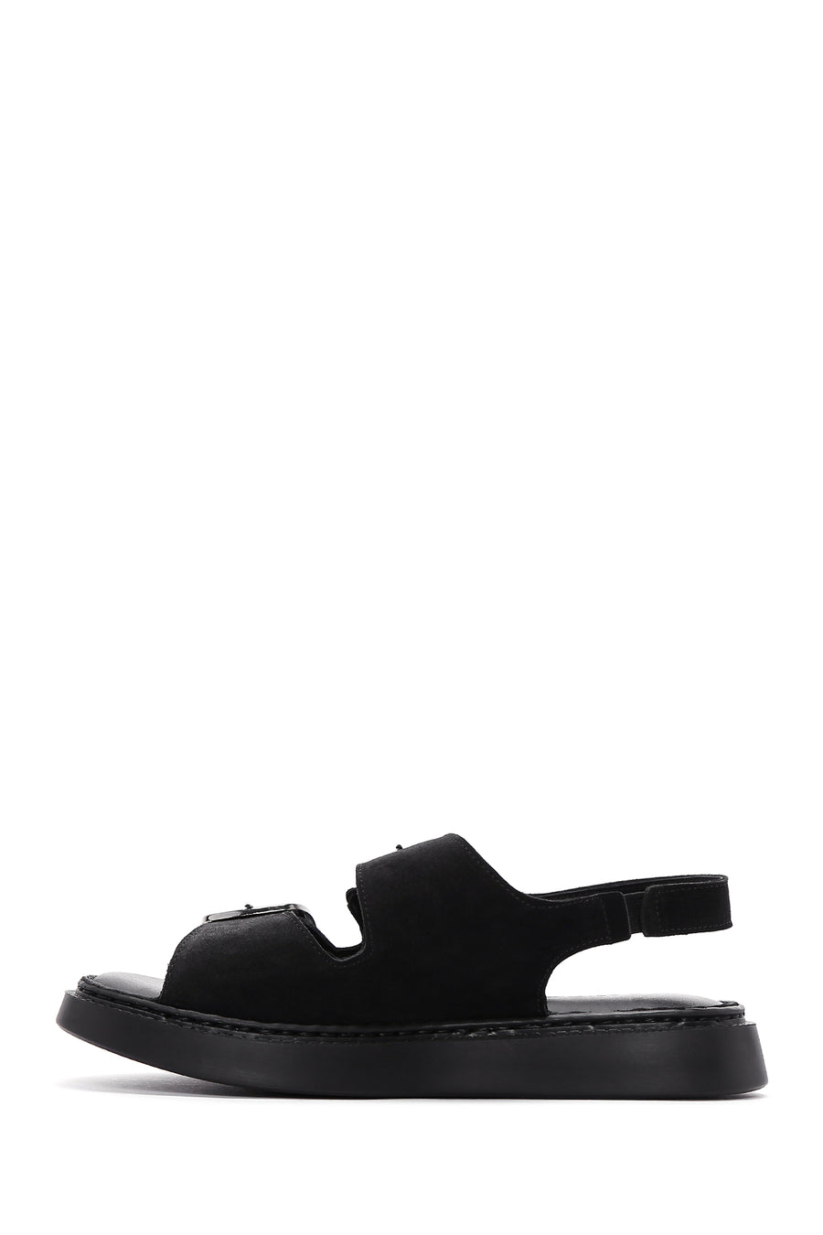 Women's Black Suede Leather Double Buckle Flat Sandals
