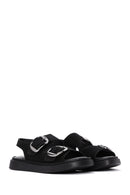 Women's Black Suede Leather Double Buckle Flat Sandals | Derimod