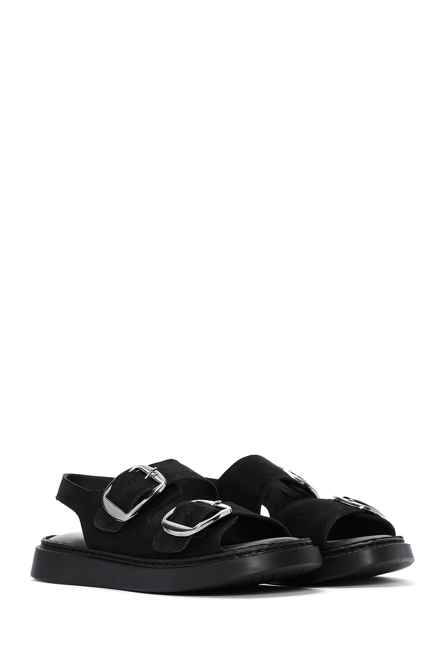 Women's Black Suede Leather Double Buckle Flat Sandals