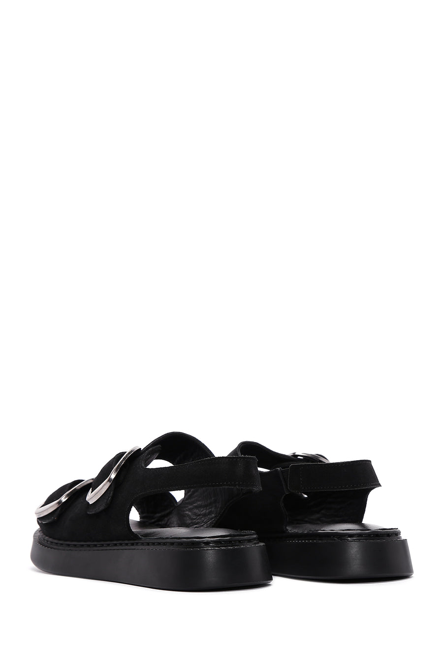 Women's Black Suede Leather Double Buckle Flat Sandals