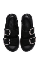 Women's Black Suede Leather Double Buckle Flat Sandals | Derimod