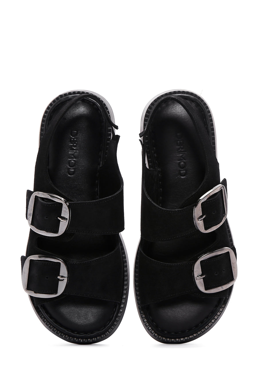 Women's Black Suede Leather Double Buckle Flat Sandals