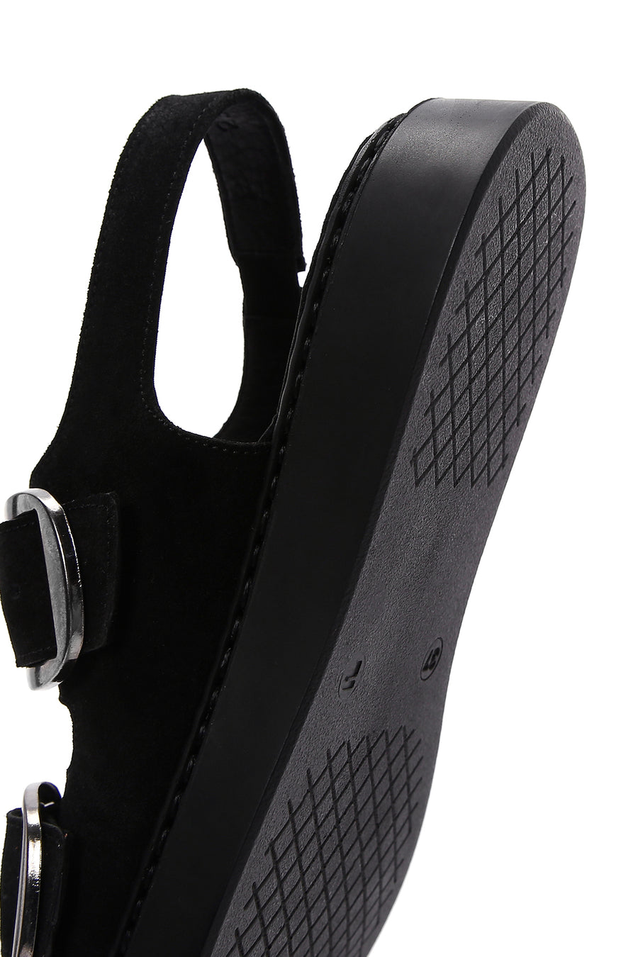 Women's Black Suede Leather Double Buckle Flat Sandals