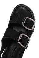 Women's Black Suede Leather Double Buckle Flat Sandals | Derimod