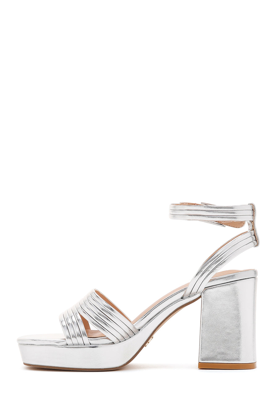 Women's Silver Metallic Thick Heeled Sandals
