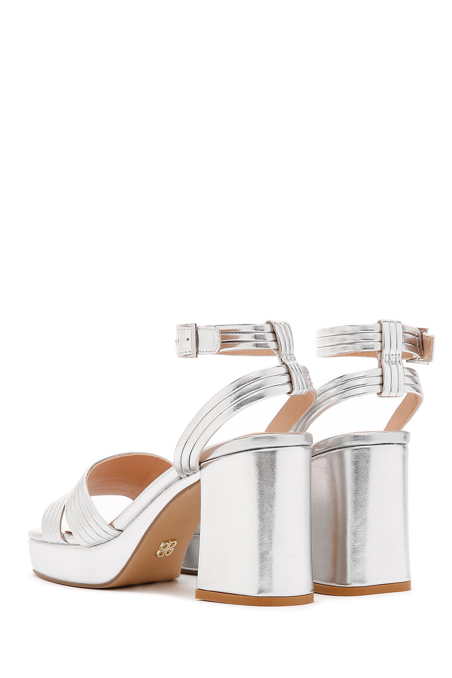 Women's Silver Metallic Thick Heeled Sandals