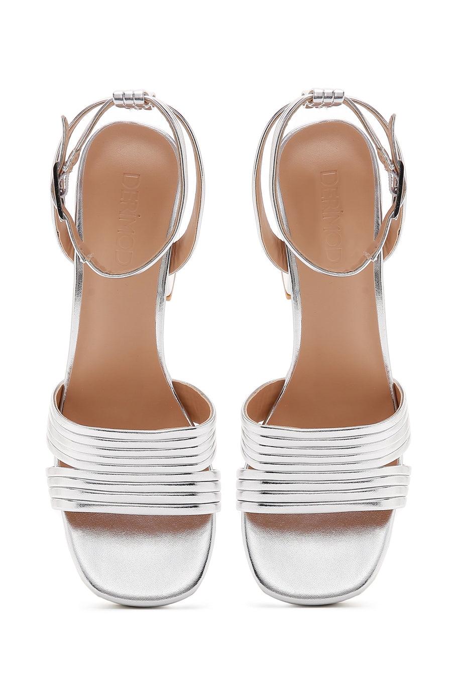 Women's Silver Metallic Thick Heeled Sandals