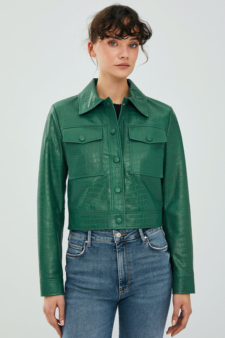 Tina Women's Green Short Leather Jacket