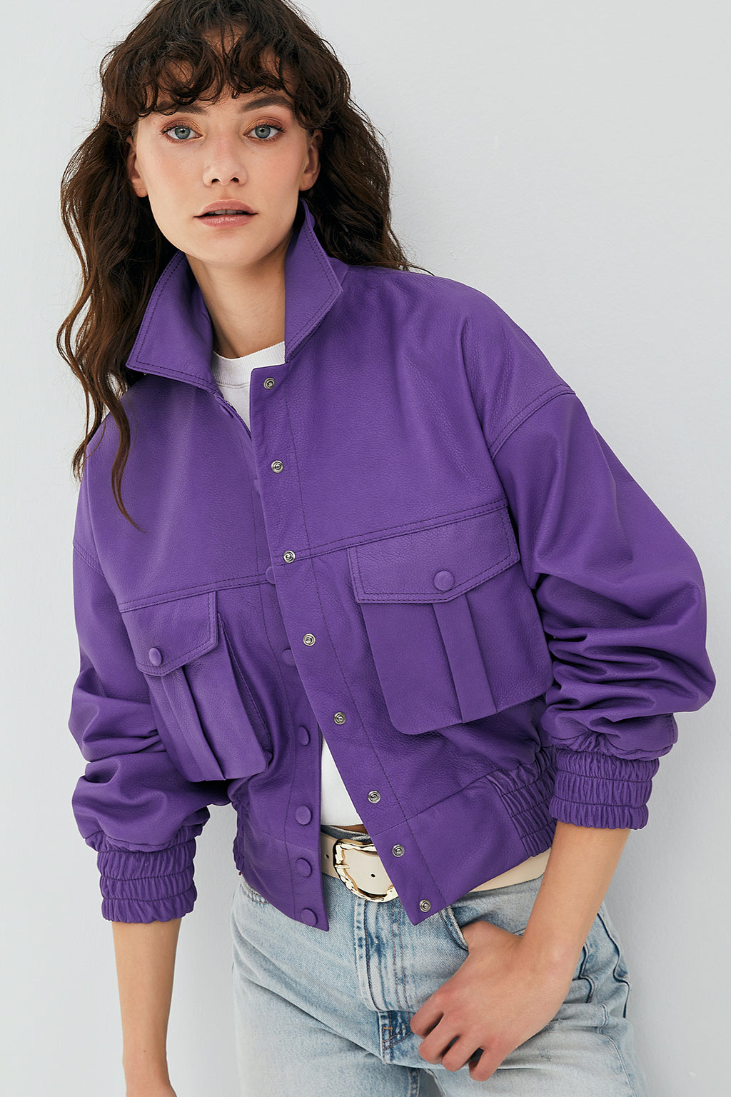 Chloe Kadın Mor Oversize Deri Ceket