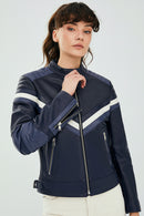 Ibiza Women's Navy Blue Sports Short Leather Coat | Derimod