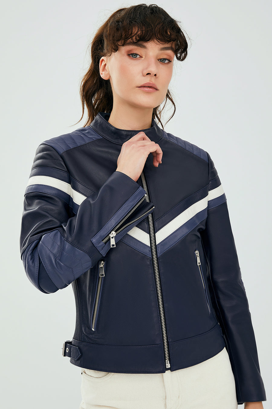 Ibiza Women's Navy Blue Sports Short Leather Coat