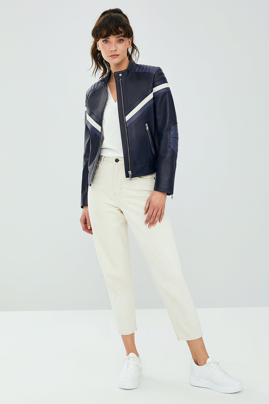 Ibiza Women's Navy Blue Sports Short Leather Coat
