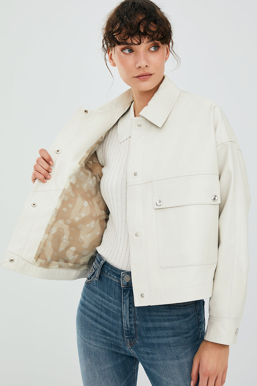 Dora Women's Ecru Oversize Short Leather Jacket