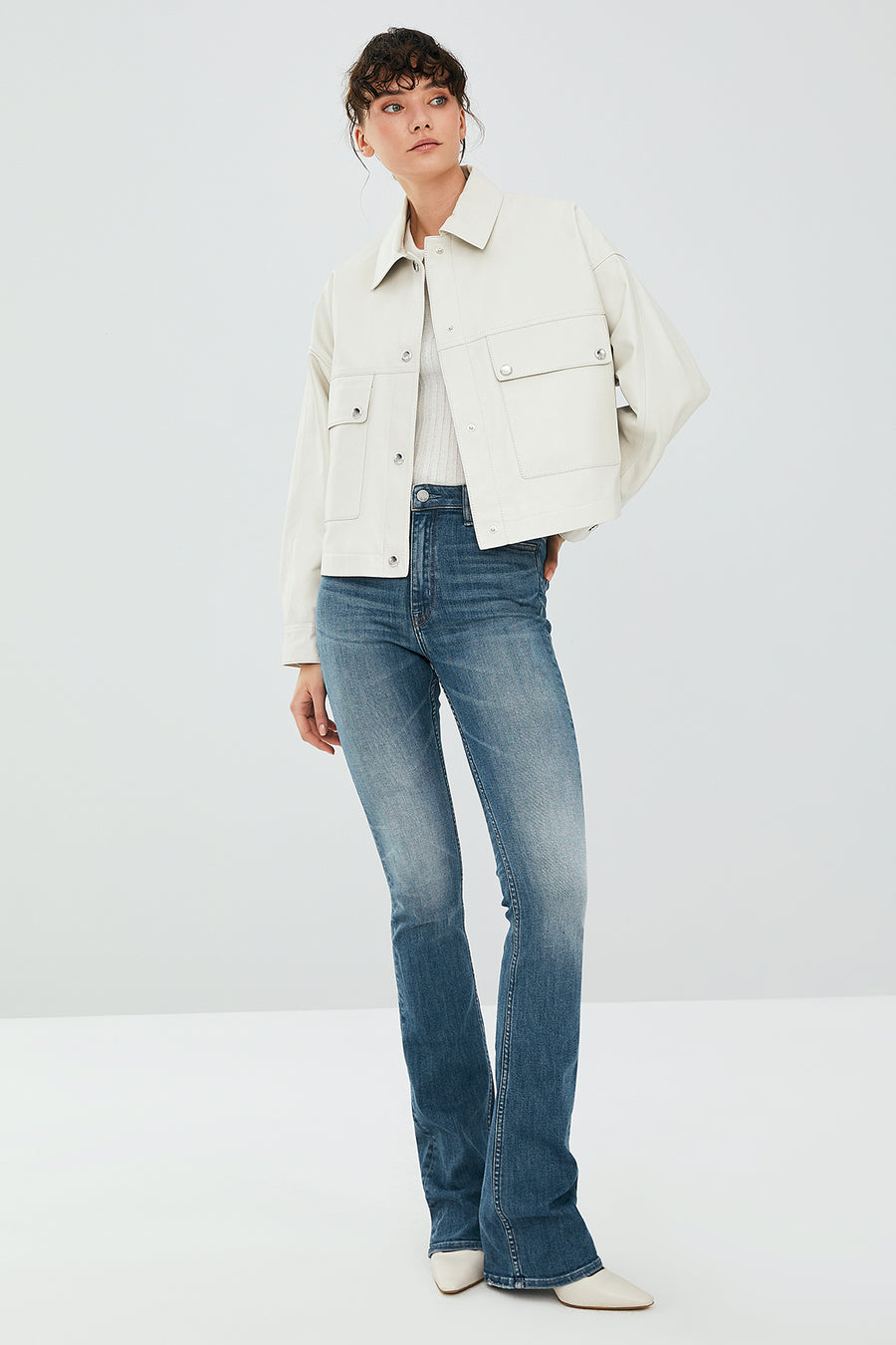 Dora Women's Ecru Oversize Short Leather Jacket