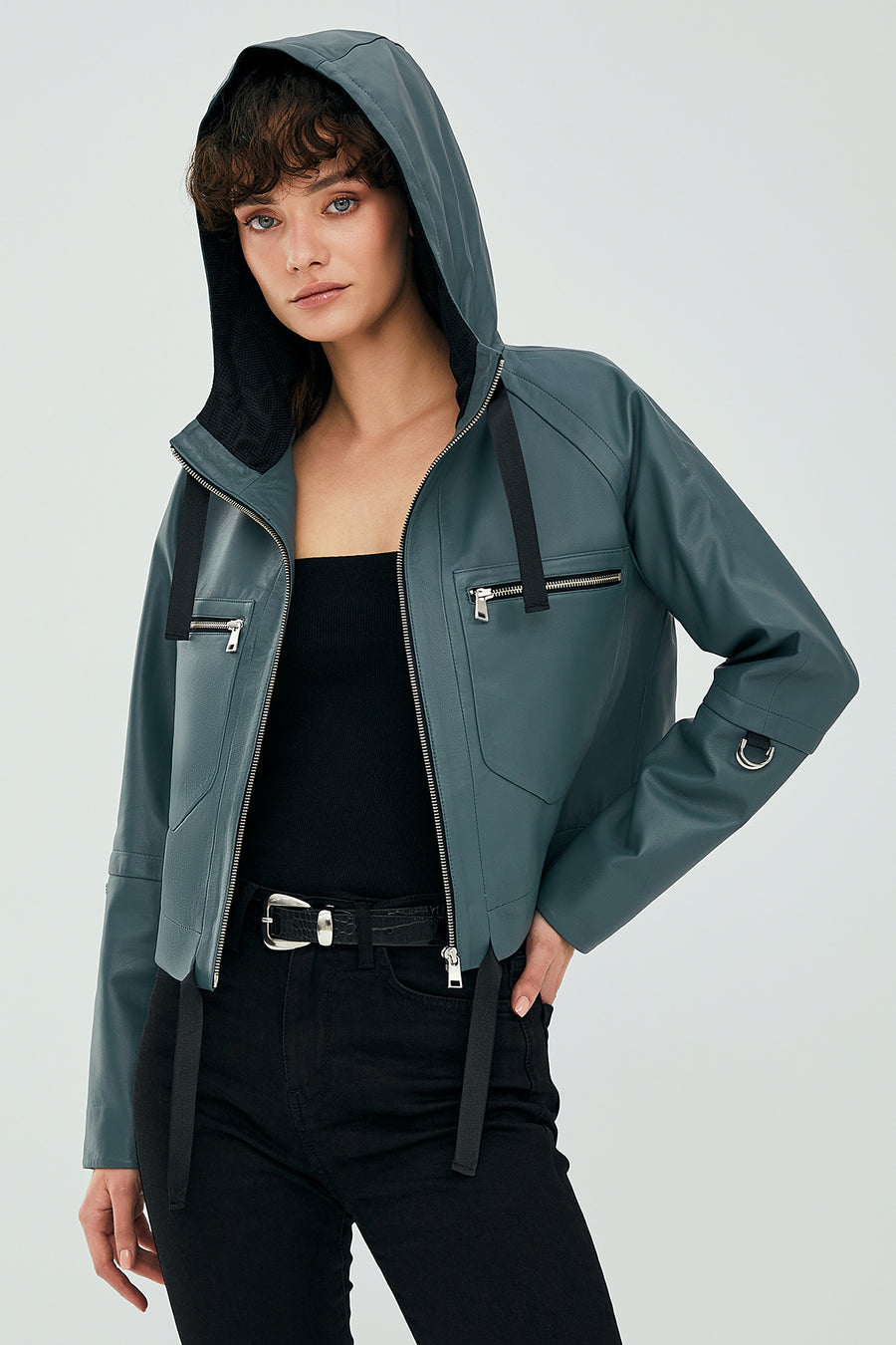 Stella Women's Petrol Green Oversize Hooded Short Leather Jacket 23SGD5069U4 | Derimod