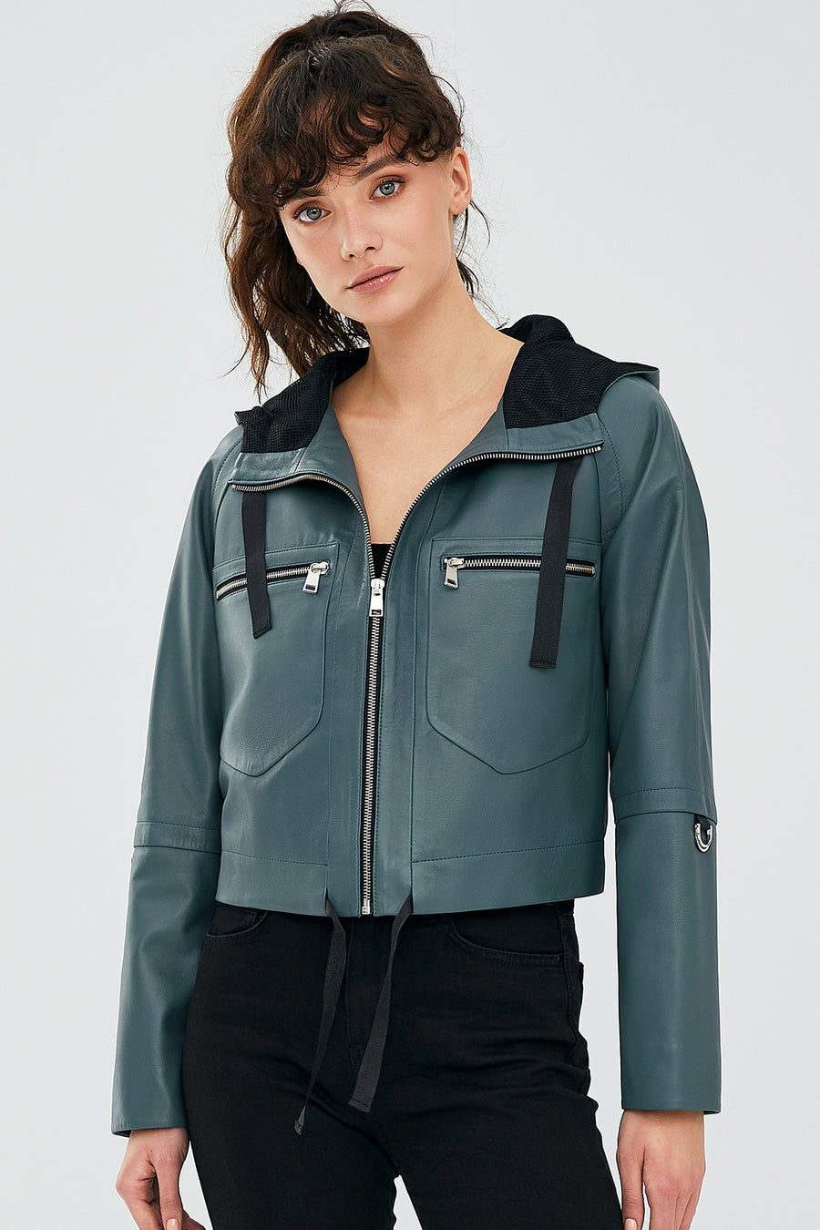Stella Women's Petrol Green Oversize Hooded Short Leather Jacket