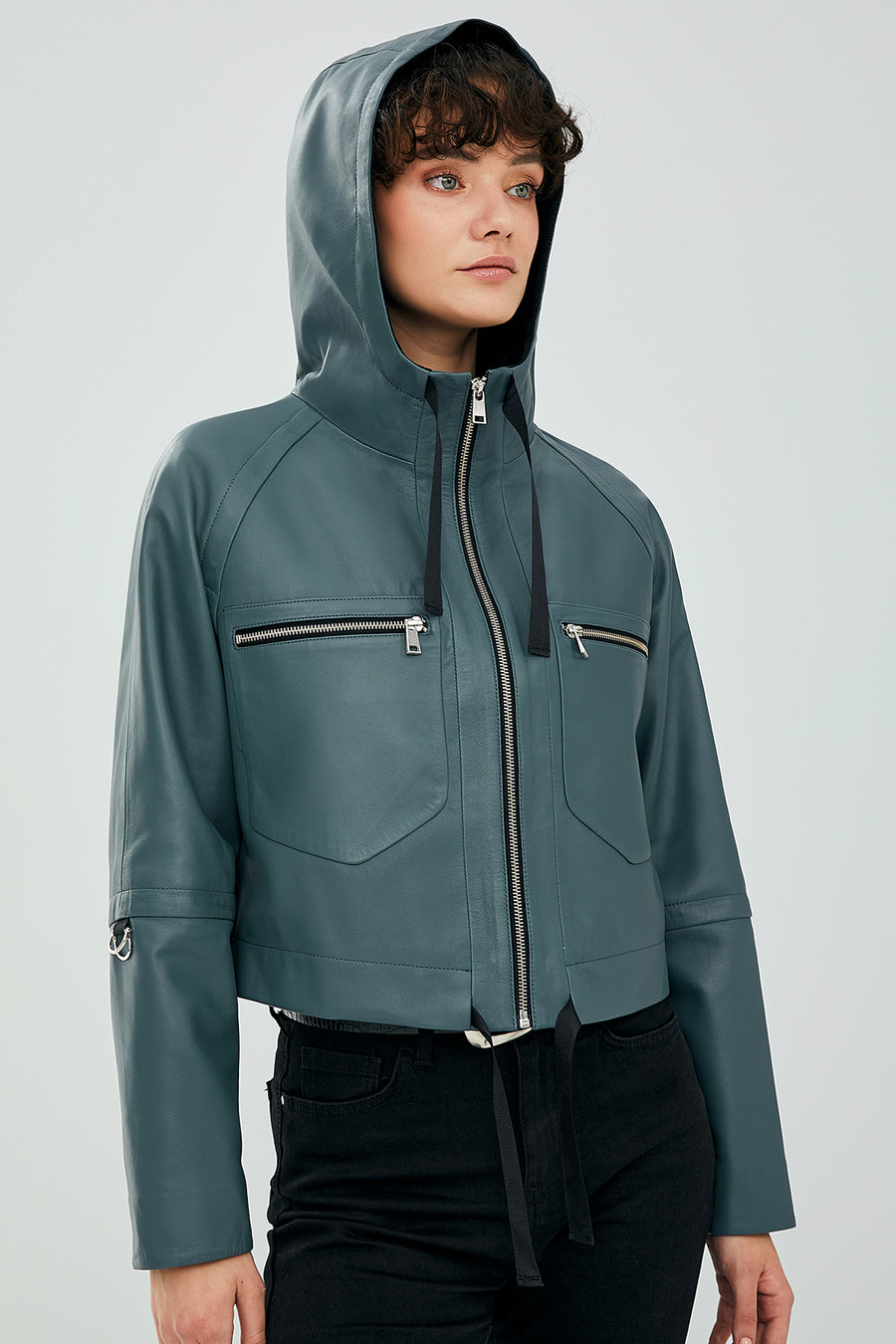 Stella Women's Petrol Green Oversize Hooded Short Leather Jacket