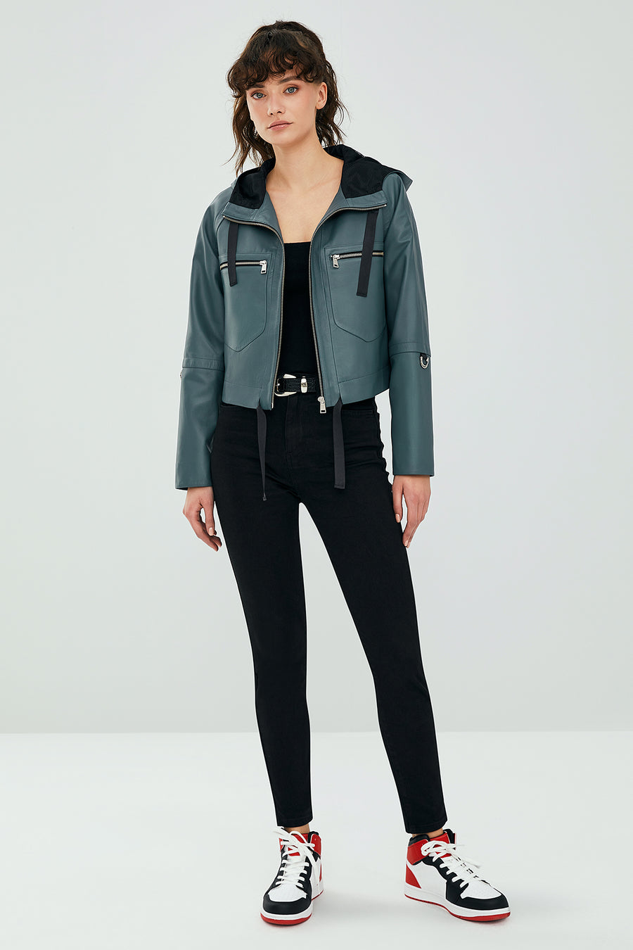 Stella Women's Petrol Green Oversize Hooded Short Leather Jacket