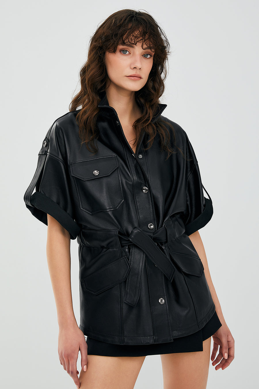 Goldy Black Women's Short Sleeve Leather Jacket
