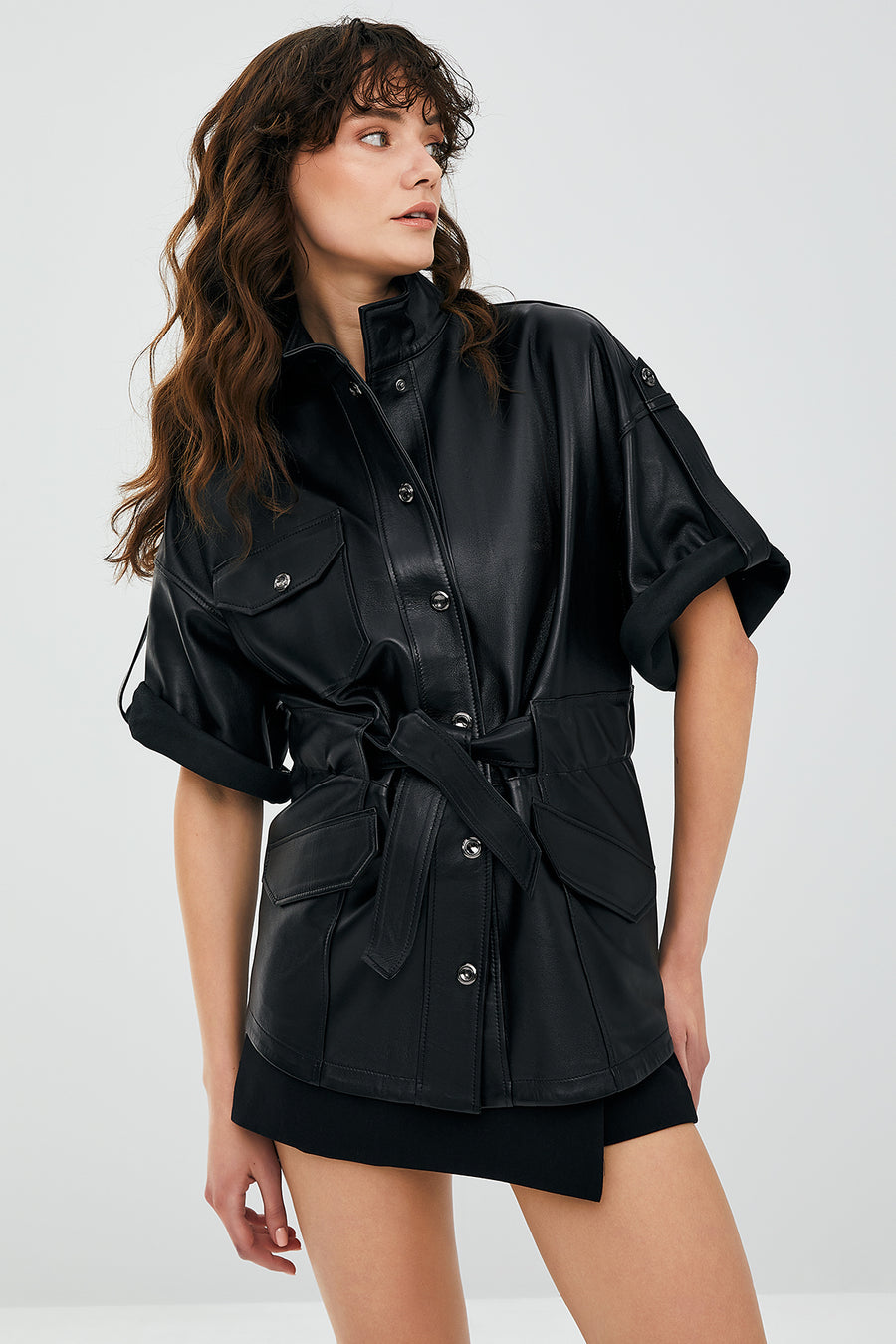 Goldy Black Women's Short Sleeve Leather Jacket