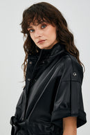 Goldy Black Women's Short Sleeve Leather Jacket | Derimod