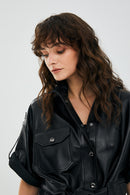 Goldy Black Women's Short Sleeve Leather Jacket | Derimod