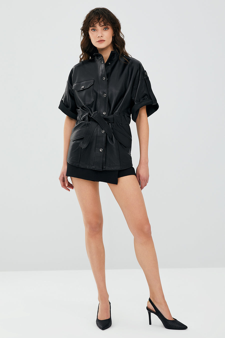 Goldy Black Women's Short Sleeve Leather Jacket