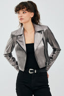 Joy Silver Women's Biker Short Leather Jacket | Derimod