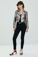 Joy Silver Women's Biker Short Leather Jacket | Derimod