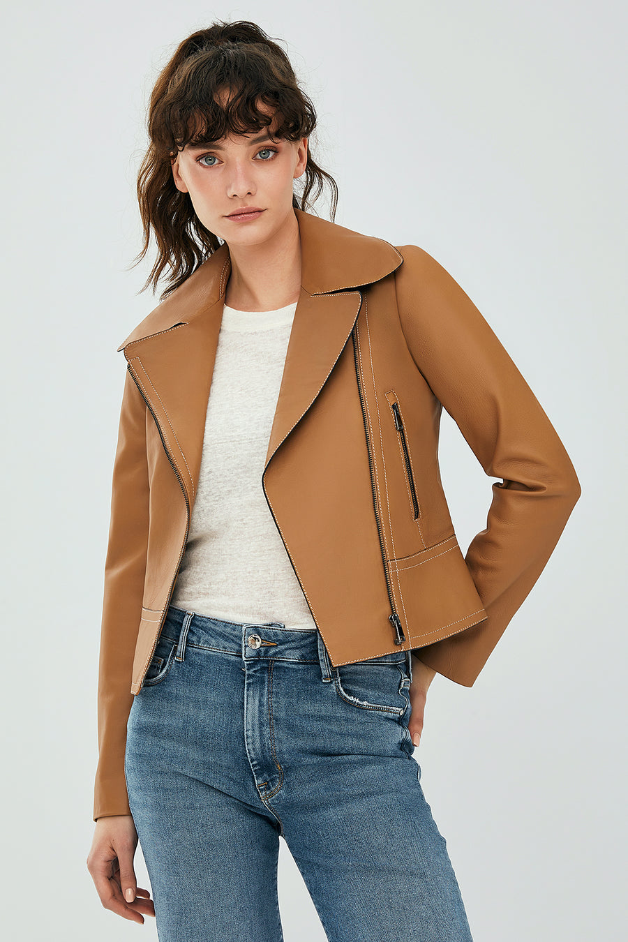 Petra Women's Tan Biker Leather Jacket 23SGD5090U8 | Derimod