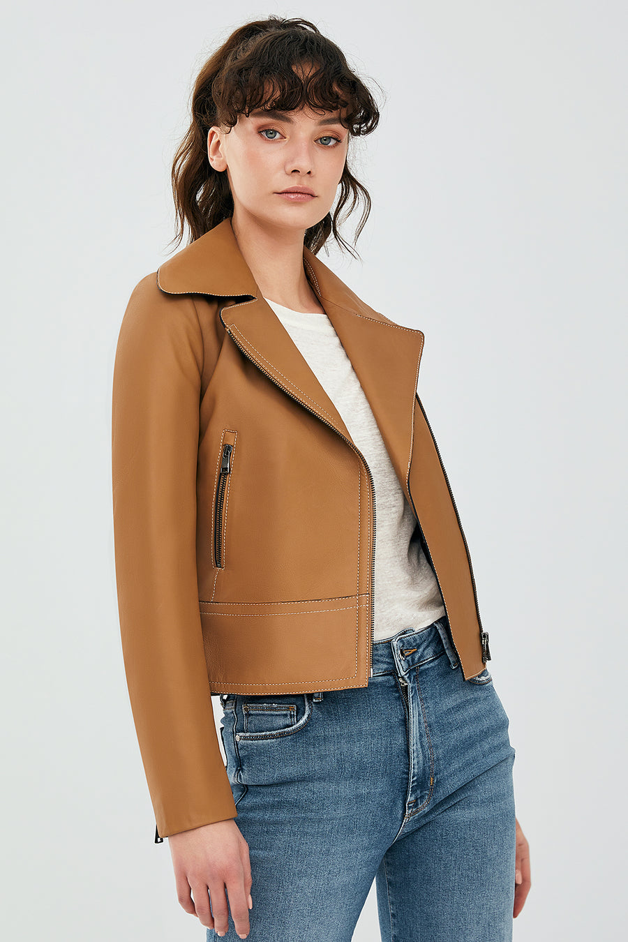 Petra Women's Tan Biker Leather Jacket