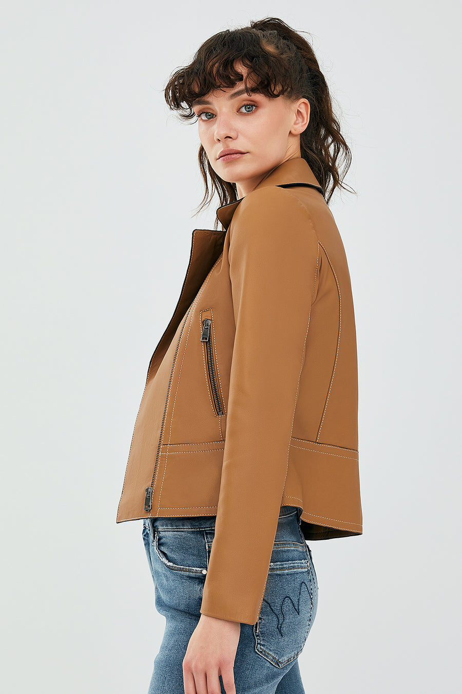 Petra Women's Tan Biker Leather Jacket
