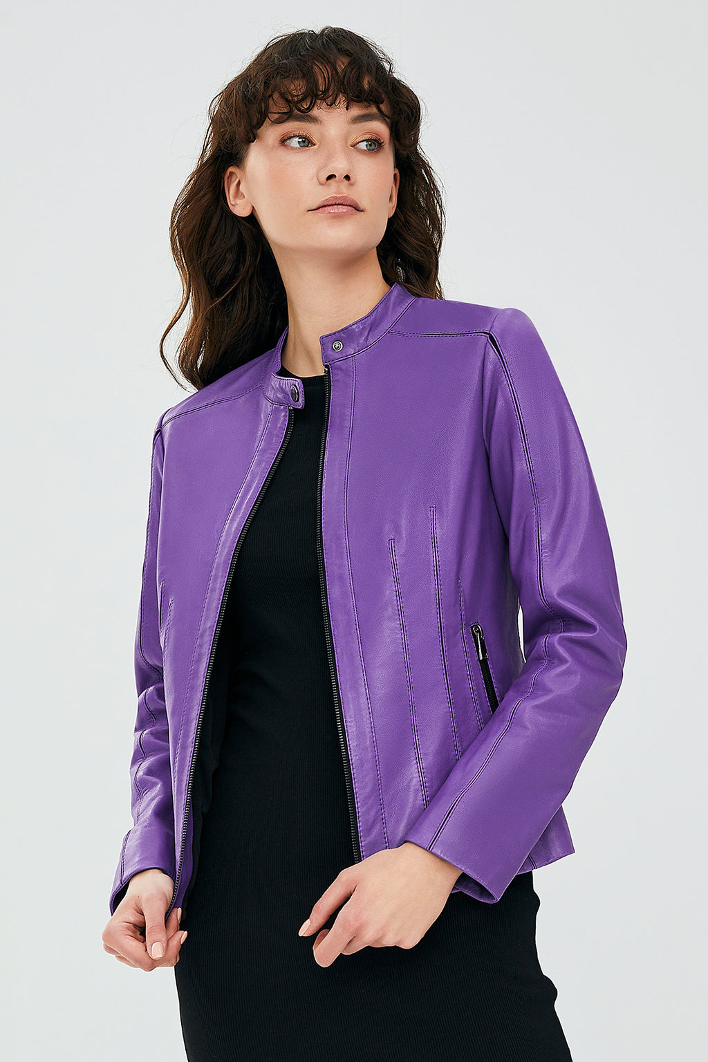 Joel Kadın Mor Slim-Fit Kısa Deri Ceket