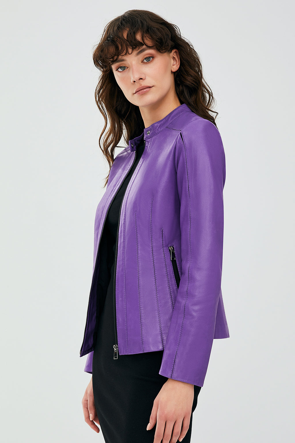 Joel Kadın Mor Slim-Fit Kısa Deri Ceket